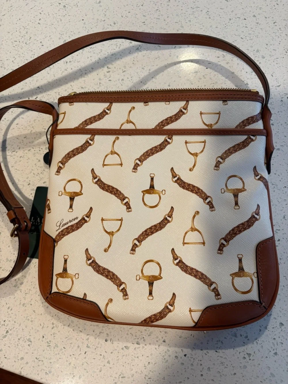 Ralph Lauren NWT Crossbody. Brown Leather Trim, Equestrian Print, Gold Hardware. - Picture 5 of 7